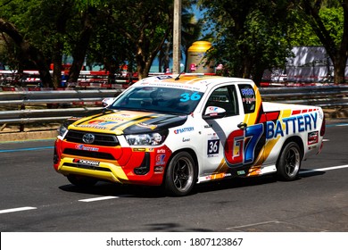 Phuket, Thailand - Sept, 2020: Pickup Truck Race. Custom Toyota Hilux Revo With Sports Body Kit And Lenso Tuning On Yokohama Tires