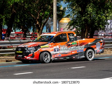 Phuket, Thailand - Sept, 2020: Pickup Truck Race. Custom Toyota Hilux Revo With Sports Body Kit And Lenso Tuning On Yokohama Tires