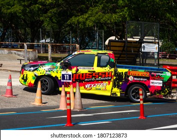 Phuket, Thailand - Sept, 2020: Pickup Truck Race. Custom Toyota Hilux Revo With Sports Body Kit And Lenso Tuning On Yokohama Tires