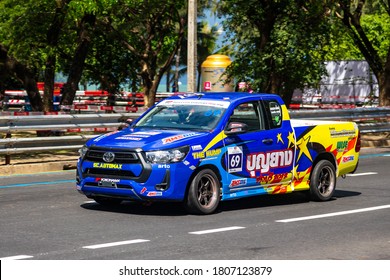 Phuket, Thailand - Sept, 2020: Pickup Truck Race. Custom Toyota Hilux Revo With Sports Body Kit And Lenso Tuning On Yokohama Tires