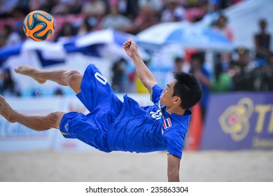 PHUKET THAILAND-NOV19:Komkrit Nanan(B)of Thailand In Action During The Beach Soccer Match Between Iran And Thailand The 2014 Asian Beach Games At Saphan Hin On November19,2014 In Thailand 