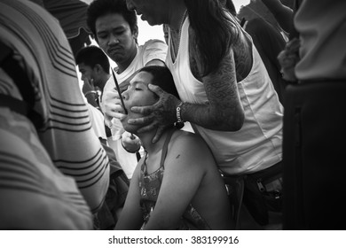 Phuket Vegetarian Festival, Thailand Cross Process Black And White Film Style Noise And Grains On 28 September 2014