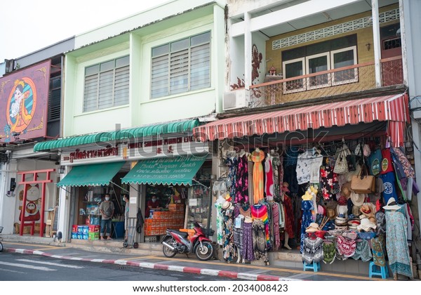 PHUKET,THAILAND-CIRCA\
JUNE,2021:The most important tourists shopping \
walking Street in\
old town.grocery store of marketplace.Closed shops for COVID-19\
disease global pandemic\
outbreak.