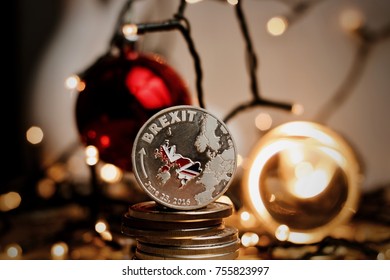 Physical Brexit Silver Coin With British Map. Europe Leaving. Article 50. Christmas Concept.