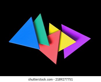 Physical colored shaped triangles figures on black background.
