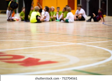 Physical Education Class. Indoor Soccer Training. Kids Futsal Team with Coach. Youth Sport Background
