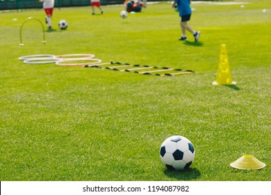 Physical Education Class. Soccer Training Session On The Grass Sports Field. Football Training Equipment. Traditional Soccer Ball, Speed And Agility Training Ladder, Cones. Kids Playing Sports Outdoor