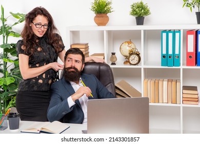 Physical Flirt. Secretary Touching Boss By Ear. Flirt At Workplace. Office Romance