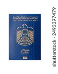 Physical paper international passport of a citizen of the United Arab Emirates on a blue background