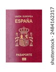Physical paper international passport of a Spanish citizen on a dark concrete background