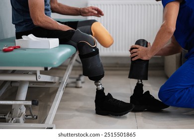 A physical therapist assists a person with a prosthetic leg during a fitting session in a rehabilitation clinic. The image captures the essence of medical care and support. - Powered by Shutterstock