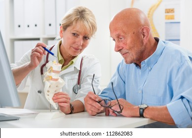 Physical Therapist Talking To Patient And Explains The Cause Of His Pain