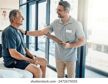 Physical therapy, chiropractor and senior man consulting with clipboard for rehabilitation, recovery and treatment. Healthcare, physiotherapy and patient for medical service, wellness and support - Powered by Shutterstock