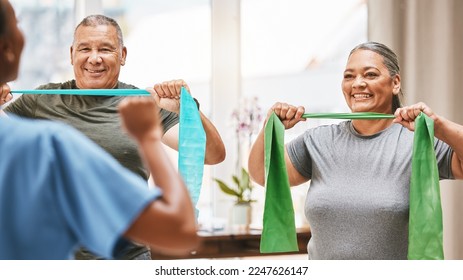 Physical therapy, stretching and senior couple with nurse teamwork, support and help in rehabilitation together. Elderly black people or friends smile with band in physiotherapy with strong progress - Powered by Shutterstock