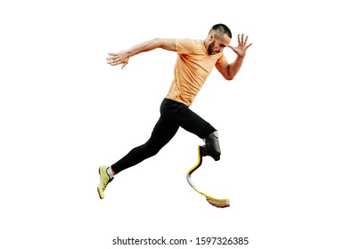 physically disabled athlete running with prosthetic legs on white background - Powered by Shutterstock