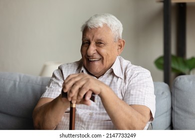 Physically optimistic grandfather hold walking stick smile at camera, looks positive, rest alone on sofa at home. Healthcare, medical insurance for older citizen, recover after trauma concept