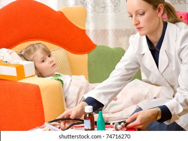 A physician house call. Examines sick girl - Powered by Shutterstock