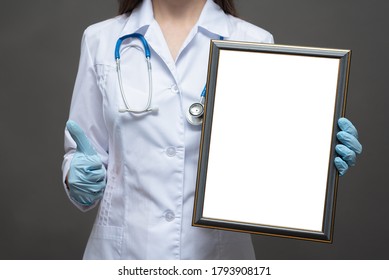 Physician Medical Worker Award Diploma Certificate Template. Doctor With Blank Photo Frame Is Showing A Thumbs Up Gesture.