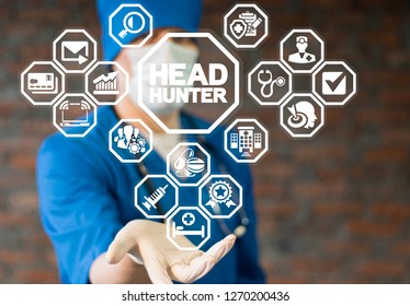 Physician Offers A Head Hunter Concept On A Virtual Screen. HR Recruitment Job Search Doctor Applicant. Professional Medical Human Resources.