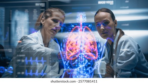 Physician And Patient Examine Holographic Body Models. Biosensors And AI-Driven Tissue Mapping Integrate Real-Time Metabolic Markers, Nanoscale Diagnostics, Targeted Biomolecular Intervention Planning - Powered by Shutterstock - Get 15% off with code: PIKWIZARD15