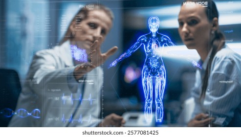 Physician And Patient Examine Holographic Body Models. Biosensors And AI-Driven Tissue Mapping Integrate Real-Time Metabolic Markers, Nanoscale Diagnostics, Targeted Biomolecular Intervention Planning