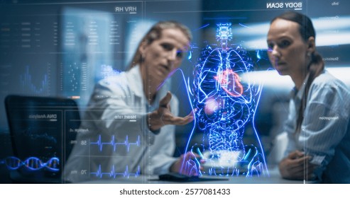 Physician And Patient Examine Holographic Body Models. Biosensors And AI-Driven Tissue Mapping Integrate Real-Time Metabolic Markers, Nanoscale Diagnostics, Targeted Biomolecular Intervention Planning - Powered by Shutterstock - Get 15% off with code: PIKWIZARD15