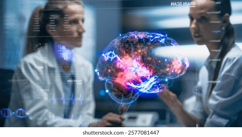 Physician And Patient Examine Holographic Brain Model. Futuristic 3D Visualization Of Medical Technology. AI Neural Biosensor Data, Precision Diagnostics, Personalized Medicine Neuromodulation Therapy