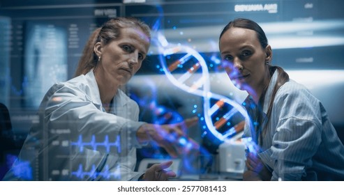 Physician And Patient Examine A Holographic Dna Model. AI-Powered Genomic Analysis Highlights Mutation Hotspots And Therapeutic Targets In Real-Time, Precision Medicine And Targeted Gene Therapies.