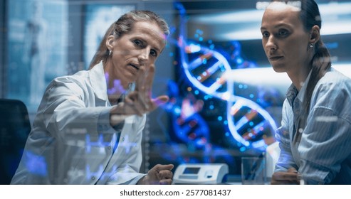 Physician And Patient Examine A Holographic Dna Model. AI-Powered Genomic Analysis Highlights Mutation Hotspots And Therapeutic Targets In Real-Time, Precision Medicine And Targeted Gene Therapies.