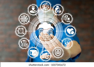 Physician Using Virtual Touchscreen Pressing Cloud Servers Network Data Center Button. Web Server Big Data Room Integrate In Health Care System Hospital.