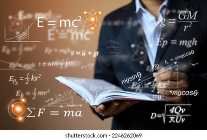 Physics equations floating in the background, hands writing in notebooks over the book, representing the learning teaching or scientific notes of Albert Einstein and Sir Isaac Newton or physics law. - Powered by Shutterstock