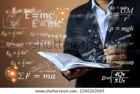 Physics equations floating in the background, hands writing in notebooks over the book, representing the learning teaching or scientific notes of Albert Einstein and Sir Isaac Newton or physics law.