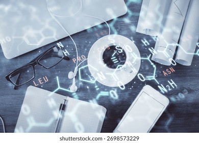 Physics and math theme hologram with formula drawings over computer on the desktop background. Top view. Multi exposure. Concept of education. - Powered by Shutterstock - Get 15% off with code: PIKWIZARD15