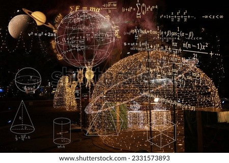 Physics or mathematical equations on a universe decorative LED background give the impression of interstellar space travel.