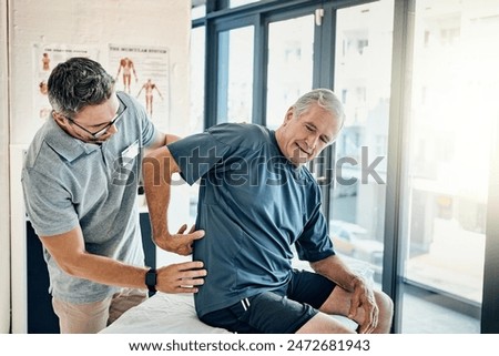 Physio therapist, chiropractor and senior man with back pain for rehabilitation, consulting and exercise. Healthcare, physical therapy and person and patient for medical service, wellness and support