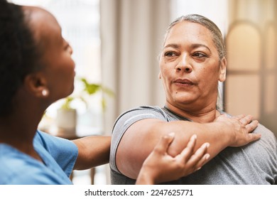 Physiotherapist consulting woman in physiotherapy for muscle, arthritis or stretching exercise, massage and breathing help. Physical therapy client, chiropractor and healthcare rehabilitation support - Powered by Shutterstock