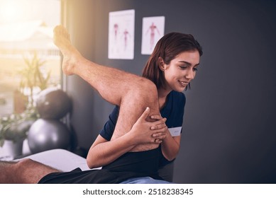 Physiotherapist, man and stretching legs for recovery, rehabilitation and specialist for helping. Woman, chiropractor and patient for injury assessment, muscle and support with treatment at clinic - Powered by Shutterstock