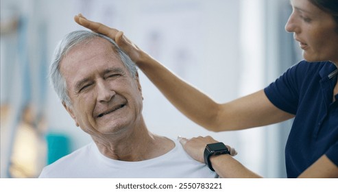 Physiotherapist, massage and healthcare for elderly man, head pain and healing for senior care and clinic. Retirement, chiropractic and woman with client, sore and help for headache and hospital - Powered by Shutterstock