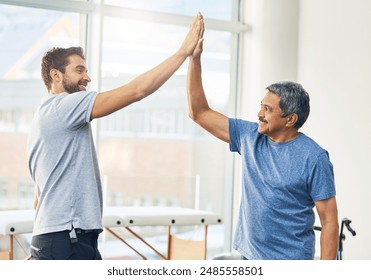 Physiotherapist, senior man and high five for support, elderly care and wellness for health or fitness. Pensioner, male person and medic for appointment, rehabilitation clinic or retirement home - Powered by Shutterstock