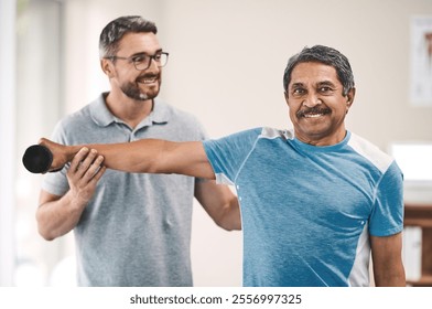 Physiotherapist, senior man and portrait for workout, health or sport in wellness, exercise and gym. Male people, dumbbells and care as physiotherapy, active or rehabilitation clinic for consultation - Powered by Shutterstock