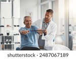 Physiotherapist, stretching band and senior patient for consulting, medical care and wellness. Orthopedic, healthcare and chiropractor with person for physical therapy, rehabilitation and exercise