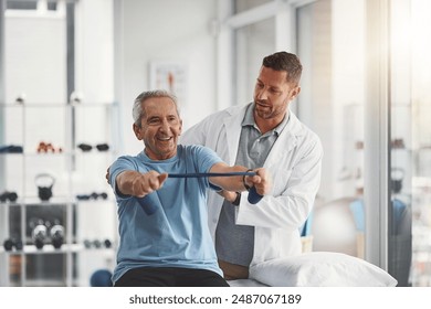 Physiotherapist, stretching band and senior patient for consulting, medical care and wellness. Orthopedic, healthcare and chiropractor with person for physical therapy, rehabilitation and exercise - Powered by Shutterstock