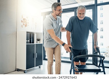 Physiotherapist, walking frame and old man for rehabilitation, consulting and recovery. Healthcare, physical therapy and senior person with disability help for medical service, wellness and support - Powered by Shutterstock