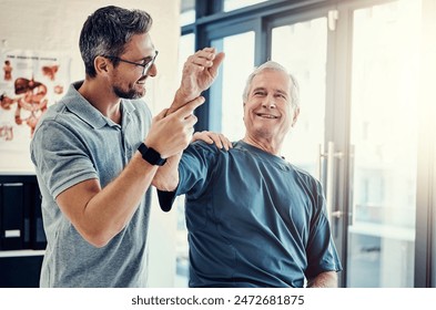 Physiotherapy, chiropractor and old man with shoulder pain for rehabilitation, consulting and exercise. Healthcare, physical therapy and person with patient for medical service, wellness and support - Powered by Shutterstock