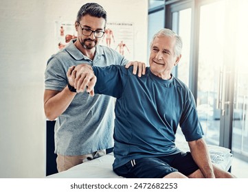 Physiotherapy, chiropractor and senior man with arm pain for rehabilitation, consulting and exercise. Healthcare, physical therapy and person with patient for medical service, wellness and support - Powered by Shutterstock