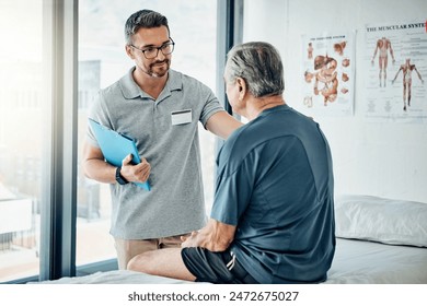 Physiotherapy, chiropractor and senior man consulting for rehabilitation, recovery or treatment results. Healthcare, physical therapy and person with patient for medical service, wellness and support - Powered by Shutterstock