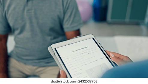 Physiotherapy, consulting or screen of a tablet for help, history information or retirement healthcare. Rehabilitation, medical survey and caregiver speaking to a physiotherapist with tech for update - Powered by Shutterstock