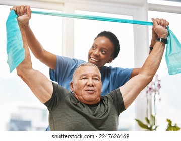 Physiotherapy help, stretching band and doctor with senior man in physical therapy, rehabilitation or healthcare support. Black woman chiropractor or physiotherapist consulting elderly patient - Powered by Shutterstock