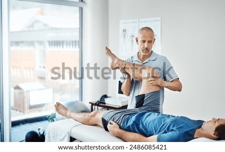 Physiotherapy, men and client with recovery, leg pain and healing with wellness, service and expert with skill. People, physical therapist or customer with injury, health and trust with consultation