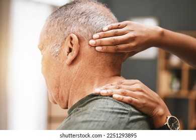 Physiotherapy, neck pain and senior man with physiotherapist for massage, injury and arthritis. Physical therapy, elderly male and patient consulting chiropractor for joint, muscle and spine relief - Powered by Shutterstock